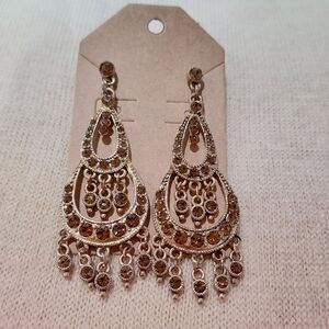 1928 Vintage-Inspired Chandelier Amber CZ Victorian Gold Tone Pierced Earrings